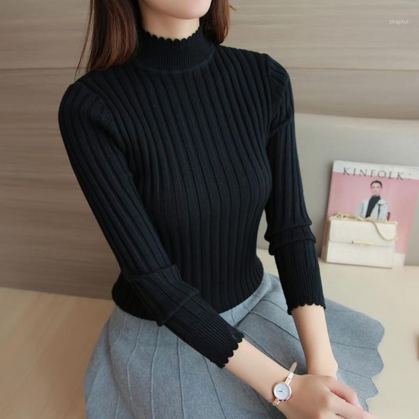 

women's sweaters 2021 fashion korean women knitted sweater slim petal collar shirt elastic bottoming half turtleneck sleeve pullover, White;black
