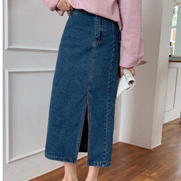 

skirts tvvovvin solid color denim skirt women's 2021 spring korean high waist split straight mid length n2mv, Black