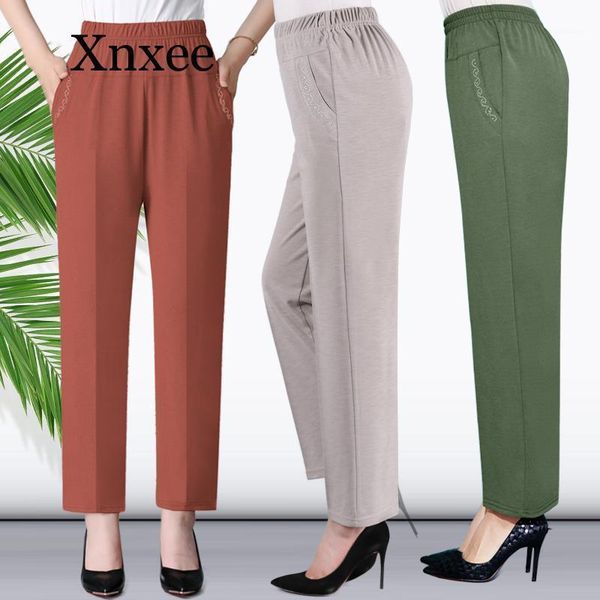 

women's pants & capris office style middle aged and old women spring summer pant thin elastic waist loose cotton mother long casual tro, Black;white