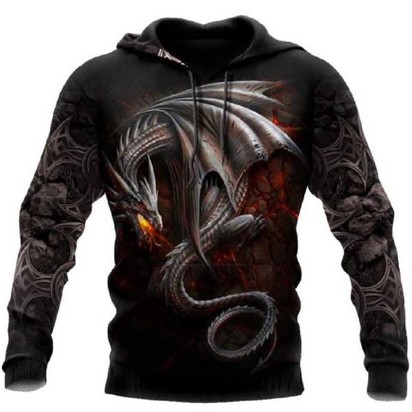 

men's hoodies & sweatshirts fashion spring and autumn 3d printing viking western dragon pattern street casual comfortable loose oversiz, Black