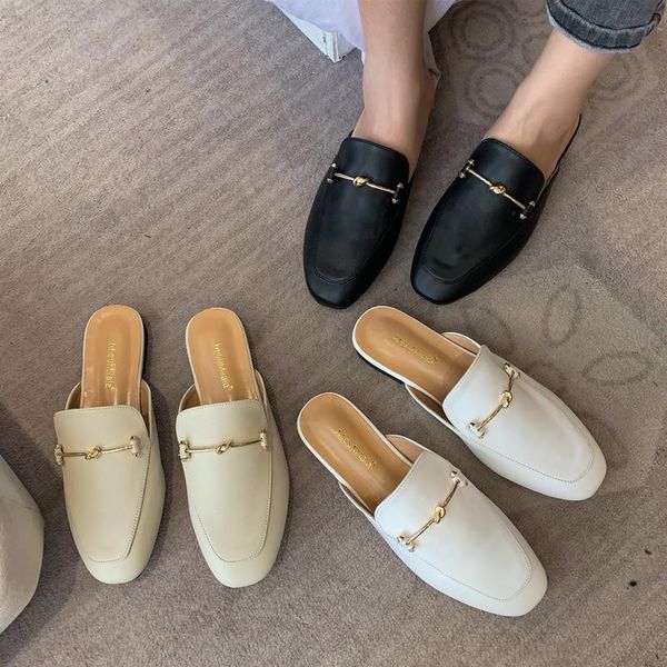 

rivet cover toe loafers low female shoes ladies' slippers big size mules for women 2021 flat soft slides basic fabric pu rub, Black