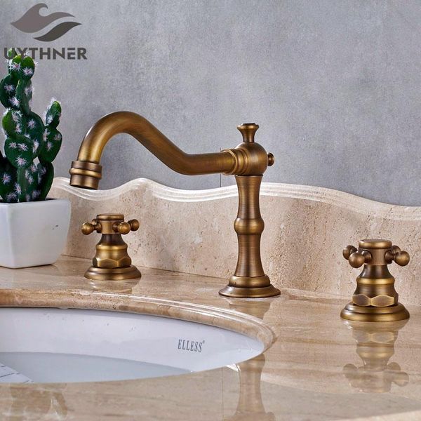 

bathroom sink faucets uythner 3pcs long spout basin faucet double crossed handle mixer tap antique brass finish