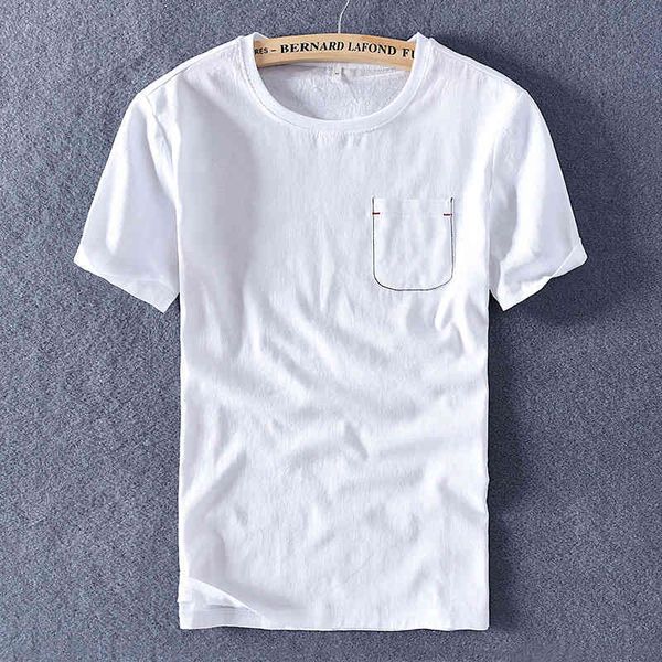 

men's t-shirts summer short-sleeved linen t-shirt brand casual white shirts for men fashion round neck with pocket t shirt mens d7c5, White;black