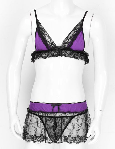 

men transparent micro lingerie set sissy lenceria lace nightwear erotic spaghetti strap bra with mini skirt g-string briefs, Black;white