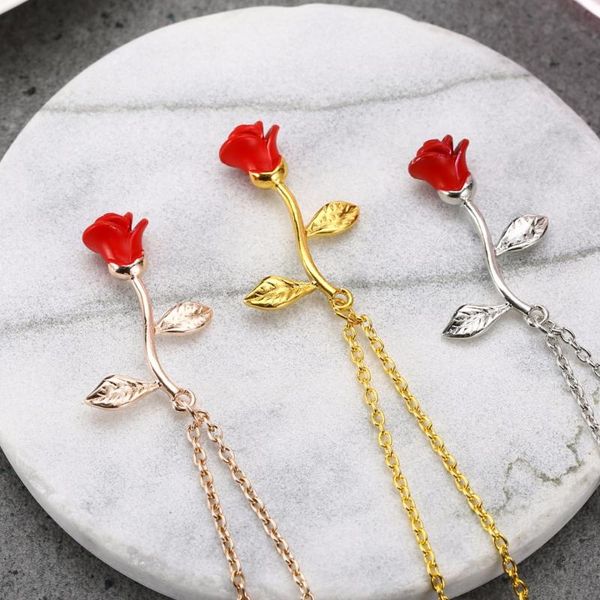 

pendant necklaces charming romantic red rose flower necklace fashion elegant long sweater chain plant jewelry chic gifts for girlfriend, Silver