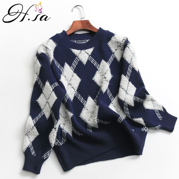 

h.sa women and pullovers argyle knitwear plaid pull vintage retro female sweater christmas pullover 210417, White;black
