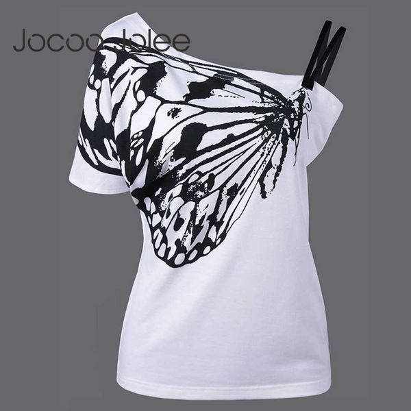 Jocoo Jolee Mode Frauen Blusen Tunika Schmetterling Gedruckt Weißes Hemd Träger Kurz Schulterfrei Top Plus Größe Damen Blusas 210619