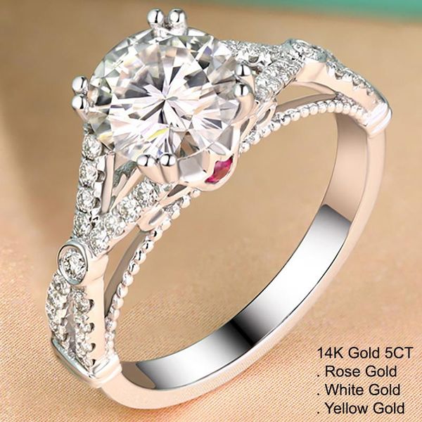 

gold 5 moissanite diamond ring women elegant round vintage ruby wedding party engagement anniversary ct d color cluster rings, Golden;silver