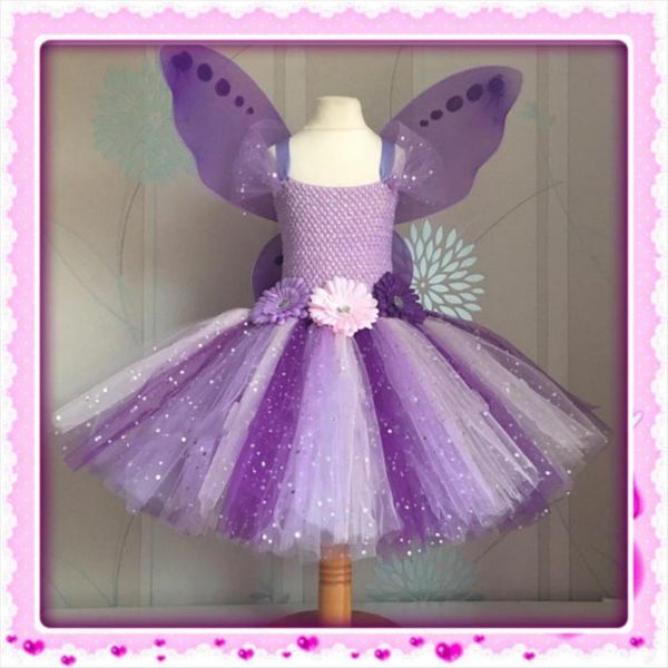 

girls lavender butterfly fairy girl dress tutu kids glitter flower ball gown with wing set party costume vintage, Red;yellow