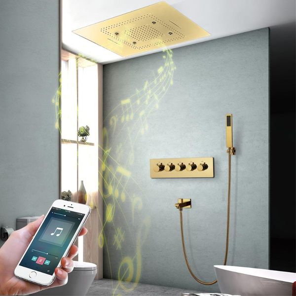 

luxurious villa large gold rain shower systems set 23"x31" music led head panel bathroom faucets thermostatic mixer brass sets
