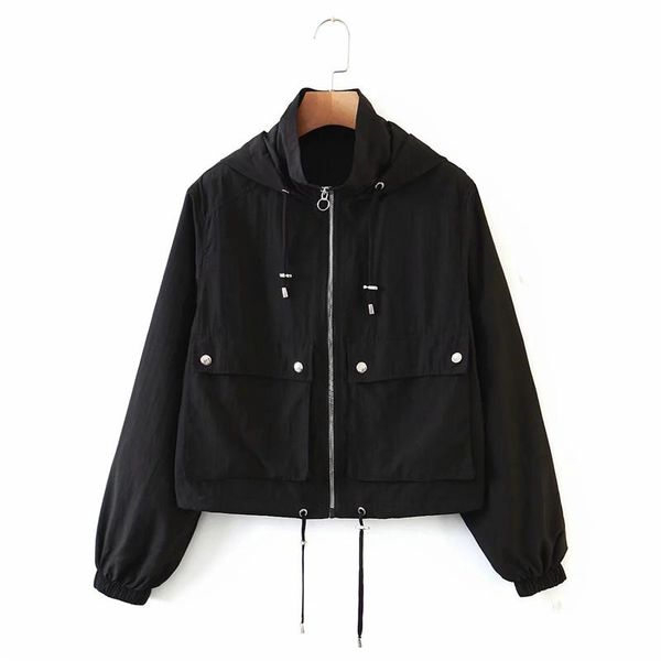 

women's jackets women casual black short autumn nylon jacket stylish lady drawstring hooded collar long sleeve female pockets outwear, Black;brown