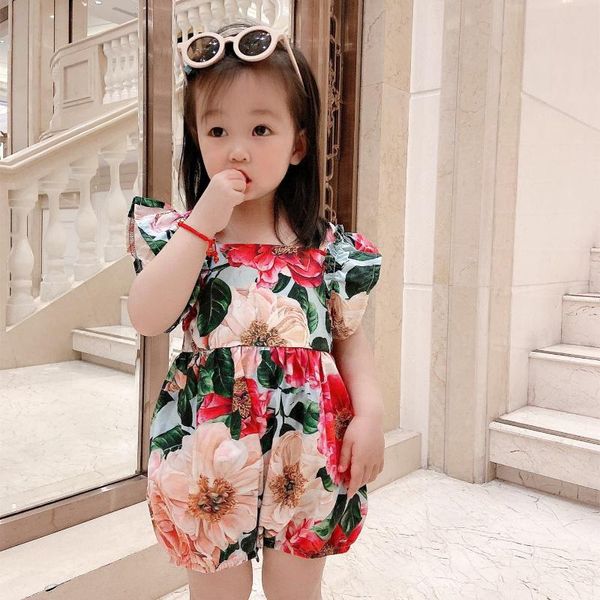 

summer fashion baby rompers girl's jumpsuit beautiful camellia pattern toddler girls cotton lovely clothes jumpsuits, Blue