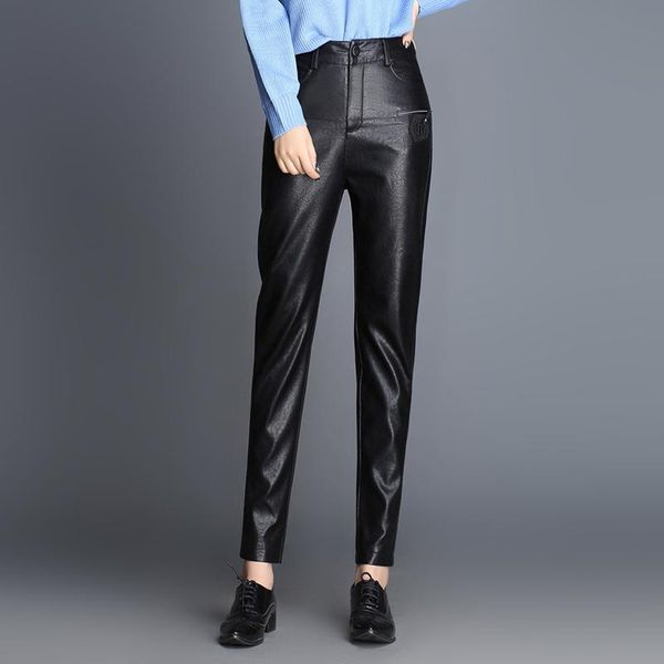 

women's pants & capris 2021 autumn women fashion lace up harajuku slacks streetwear high waist plus size leather velvet trousers, Black;white