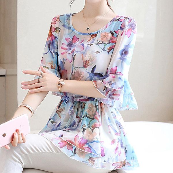 

women's blouses & shirts womens ruffle chiffon blouse floral blusa 2021 fashion flower print summer feminina and, White