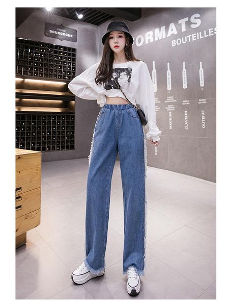 

elastic fringe high waist womens jeans plus size straight tassel pants denim trousers street female full length women's, Blue