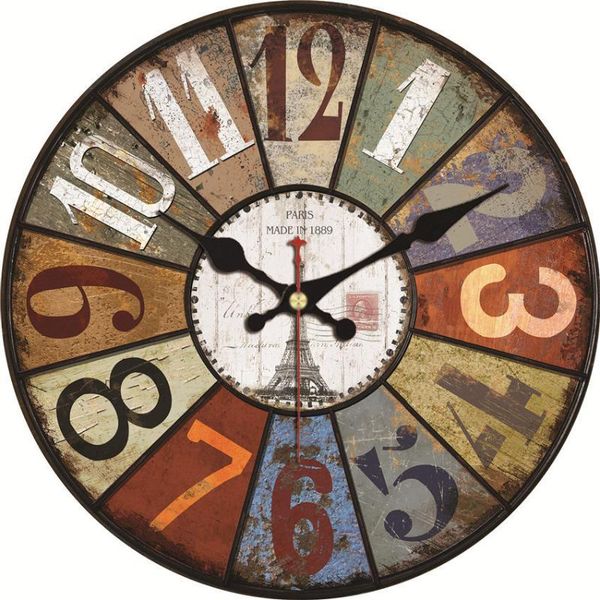 

wall clocks vintage rustic retro wooden round clock 12 inch silent non-ticking battery operated colorful paint boards decorative