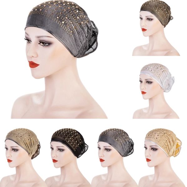 

flower muslim women hijab underscarf hair loss chemo hat rhinestone turban inner cap ninja cancer bonnet head wrap headwear arab, Blue;gray