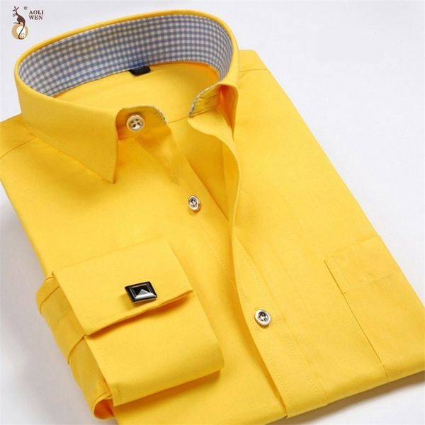 

aoliwen brand men french cuff shirt long sleeve flannel large size 6xl solid color men dress shirt smart casual 210705, White;black