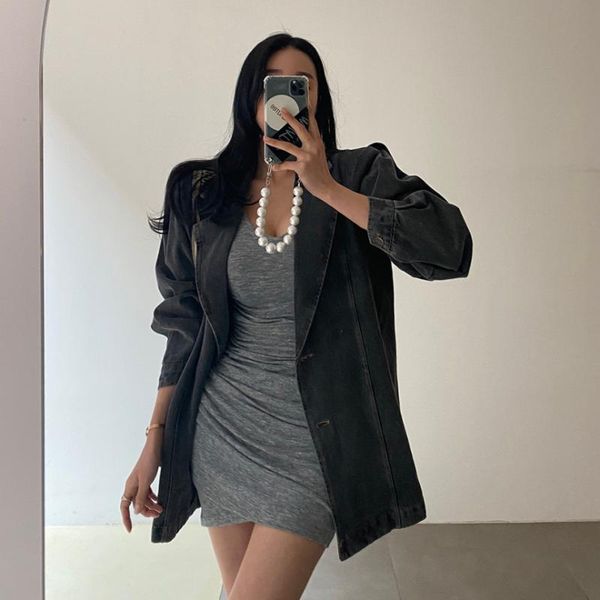 

women's jackets korean fashion women denim jacket loose long sleeves turn down collar soft garment wash blue coat side pockets, Black;brown