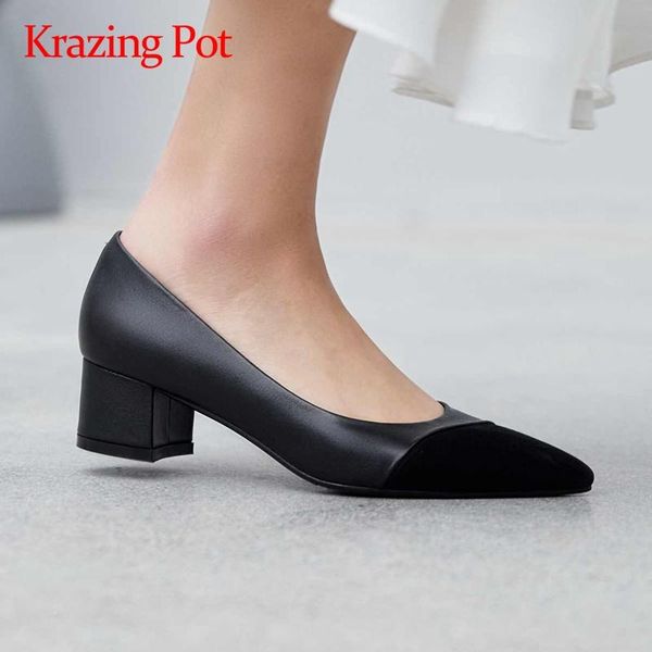 

dress shoes krazing pot mature mixed cloth streetwear fashion pointed toe med square heel slip on office lady women pumps l73, Black