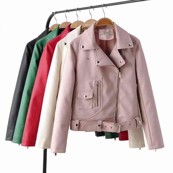 

leather jacket high fashion men belt lapel zipper basic long sleeve, Black