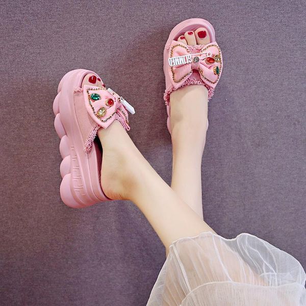 

slippers women sandals summer bowknot leisure shoes platform wedges fish mouth gladiator thick bottom pink green, Black