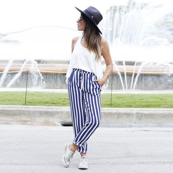 

women's pants & capris 2021 autumn women pencil blue striped trousers high waist casual fitness pantalon femme, Black;white