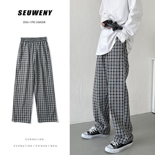 

men's plaid harem pants spring summer casual straight jogger trousers 2021 fashion male clothing harajuku vintage pant, Black