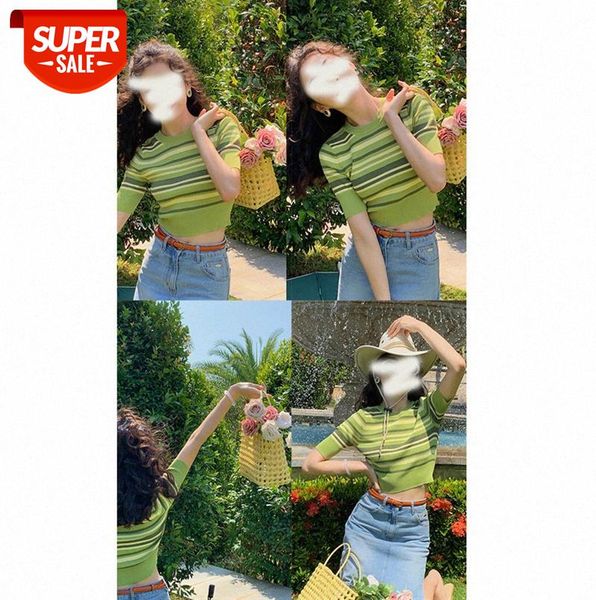 

hong kong style retro women's slim round neck short ""matcha and blueberry striped short-sleeved knit #go1a, Black;gray