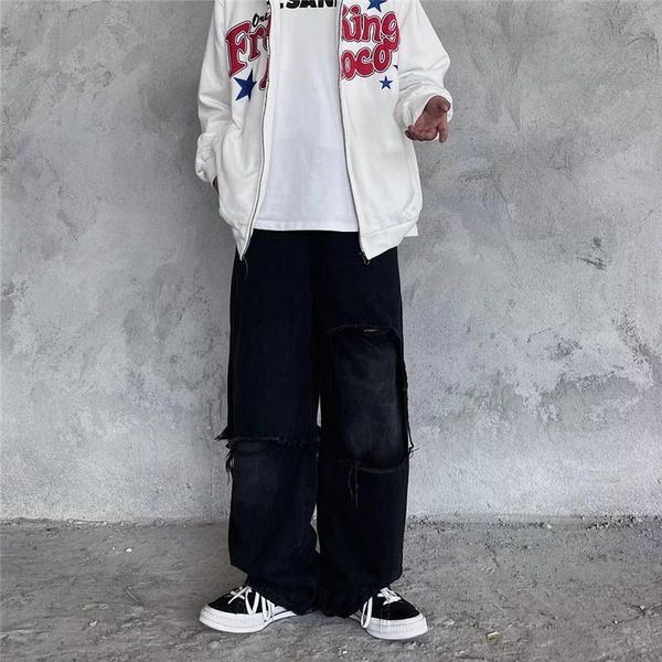 

men's jeans 2021 autumn streetwear black patch baggy men korean fashion loose straight wide leg pants male brand clothing, Blue