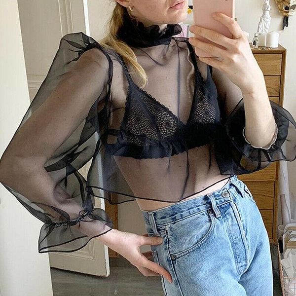 

brand women blouses sheer mesh turtle neck tee clubwear long sleeve see through loose solid autumn ruffles 2021 women's & shirts, White