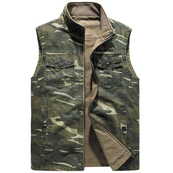 

men's vests camouflage spring vest men military casual cotton sleeveless jacket double sides wear multi-pockets waistcoat m-4xl, Black;white