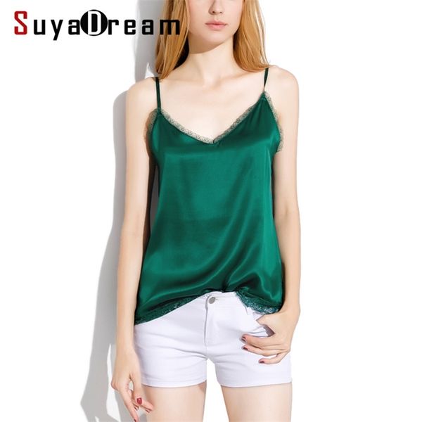 SuyaDream Women Silk Camis 100% Real Silk Satin Sexy scollo a V in pizzo Camisole Summer Bottoming T shirt Black White Tanks 210401