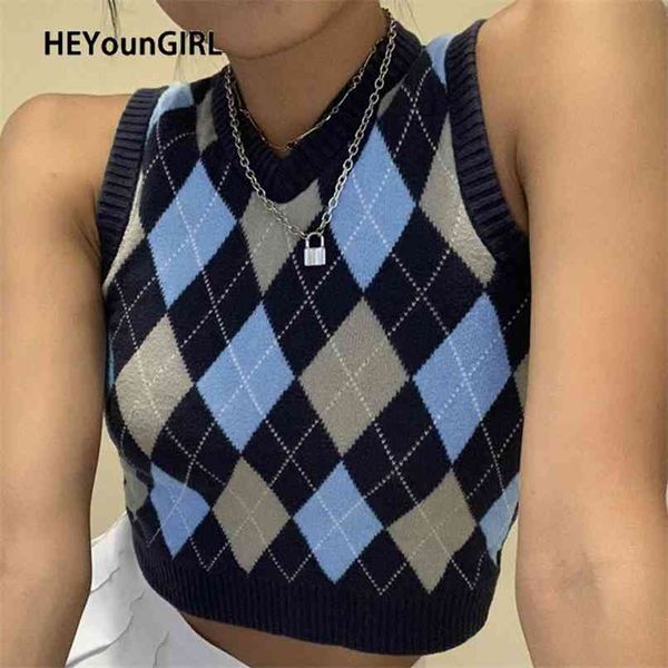 Heyoungirl v neck vintage argyle sweater colete mulheres negras mangas xadrez de malha colheita blusas casual outono estilo formal de outono 210915