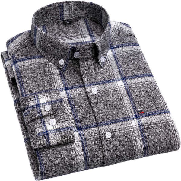 

aoliwen brand 100%cotton chechered casual shirts for men warm long sleeve plaid shirt winter soft striped male comfortable shirt 210809, White;black