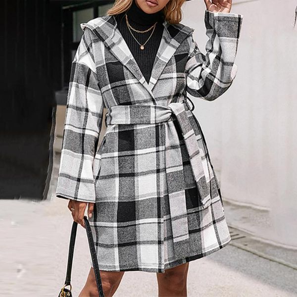 

women's wool & blends 2021 autumn winter overcoat fashion casual lattice long sleeve hooded brown temperament commute cardigan women, Black