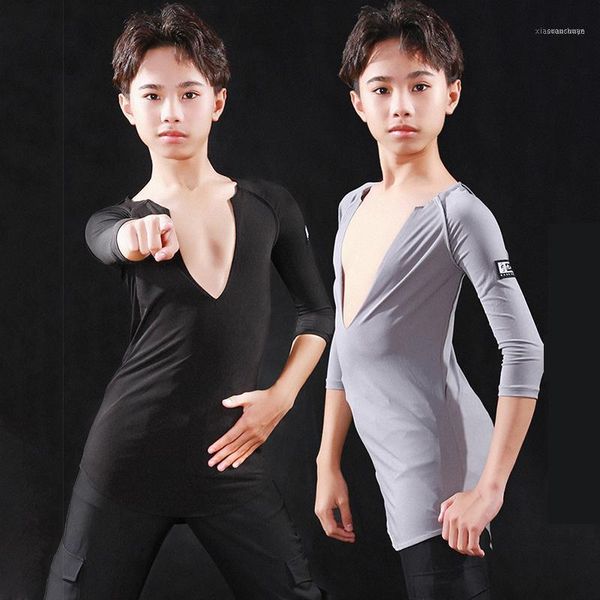 

stage wear latin dance shirts kids fashion v-neck mid sleeve cha tango samba salsa children competition performance clothes dn62381, Black;red