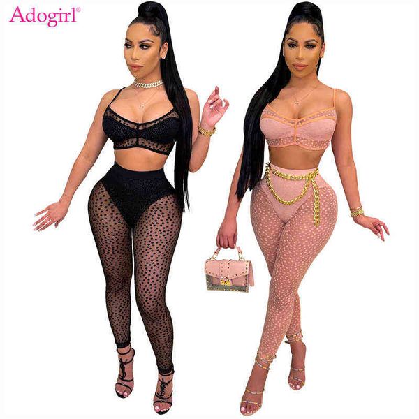 

adogirl polka dots print sheer mesh two piece set camis crop high waist pencil pants with panties women club suits 211115, White