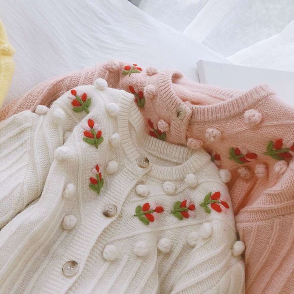 

autumn coat embroidered flower wool ball knitted cardigan sweater, White;black