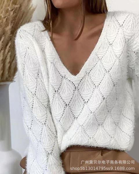 

women's sweaters diamond hollow sweater women 2021 white long-sleeved v-neck casual fashion pullover, White;black