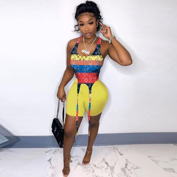 

women's tracksuits women fitness 2 piece club outfits hipster paisley bandanna print ribbon tank and bodycon biker short co-ord matchin, Gray