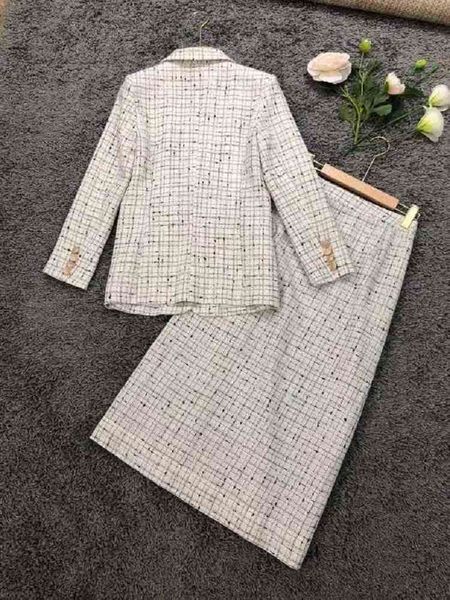 

skirt suits & women single button blazer jacket+golden necklace deco midi wool skirt sets 2 piece, White