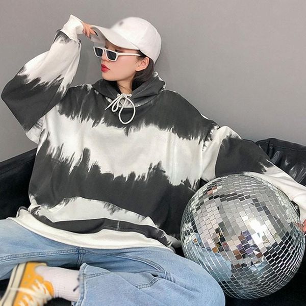 

women's hoodies & sweatshirts women tie-dye gradient color pullovers long sleeve winter loose thicken and velvet fleece hooded large, Black