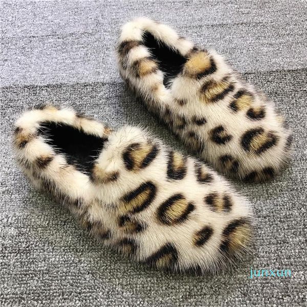 Toptan-Çizmeler Bayan Yuvarlak Toe Gerçek Kürklü Rhinestones Loafer'lar Flats Üzerinde Kayma Sıcak Kış Leopar Polar Astar Ayakkabı