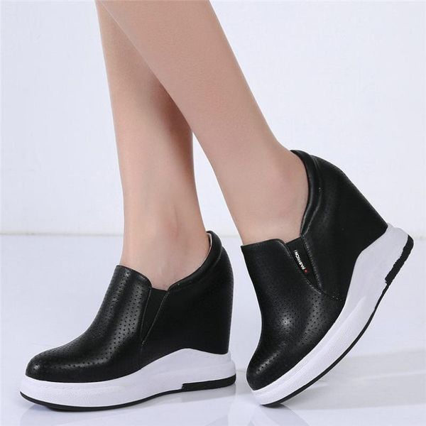 

dress shoes breathable oxfords women genuine leather wedges high heel platform pumps female round toe fashion sneakers casual, Black