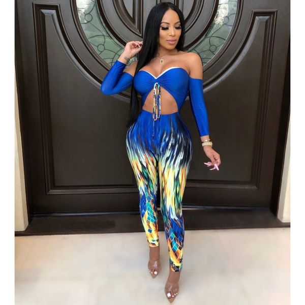 

women's jumpsuits & rompers bkld clubwear women off the shoulder print 2021 autumn tie dyeing bow hollow out bodycon bodysuits, Black;white