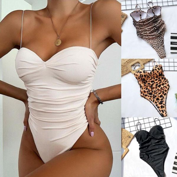 

women ladies one-piece suit swimwear sling leopard bodycon slim leotard thong bodysuit sheer bikini swimsuit women's, White;black