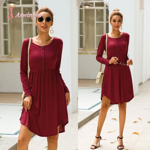 

casual dresses aswinfon 2021 spring long sleeve slim midi dress button solid color pullover o-neck women high waist big swing, Black;gray