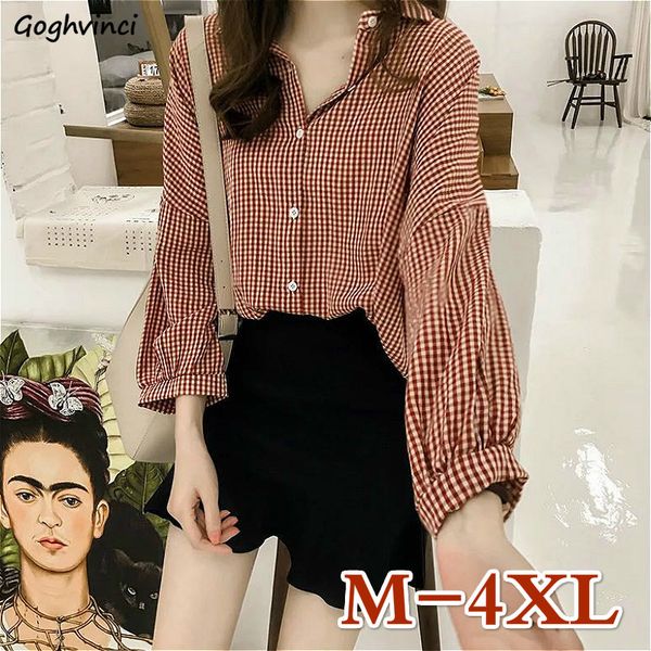

blouses shirts women loose large size -4xl plaid all-match shirt womens korean style fashion retro streetwear chic ulzzang new x0521, White