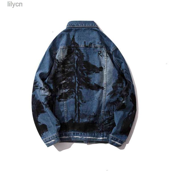 

mens jackets fashion black print casaul hip hop denim pullover jacket loose casual long sleeve jacket autumn streetwear, Black;brown